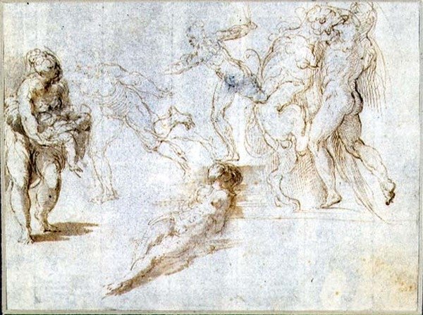 Figurenstudien: Frau mit Baby; Mann verfolgt von einem anderen; nackte Frau auf dem Boden liegend; Herkules und der Nemeische Löwe von Parmigianino