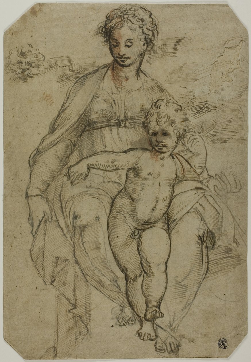 Jungfrau und Kind (recto); Skizze von drei Heiligen und Karikatur-Skizze (verso) von Parmigianino