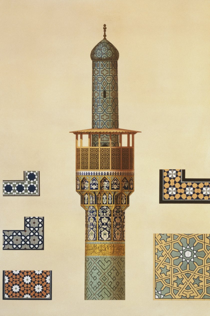 Ein Minarett und Keramikdetails aus der Moschee der Medrese-i-Shah ...