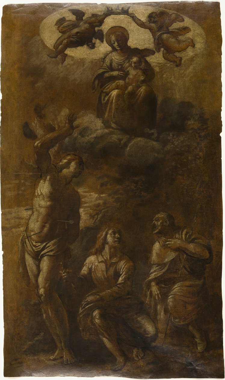 Jungfrau und Kind in Herrlichkeit mit den Heiligen Sebastian, Johannes der Evangelist und Rochus von Pasquale Ottino