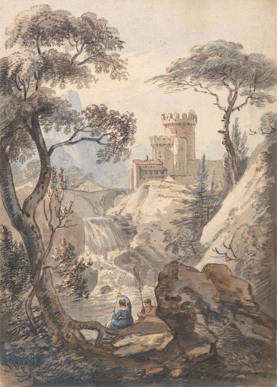Italienische Landschaft mit Schloss, Wasserfall und Anglern von Paul Sandby