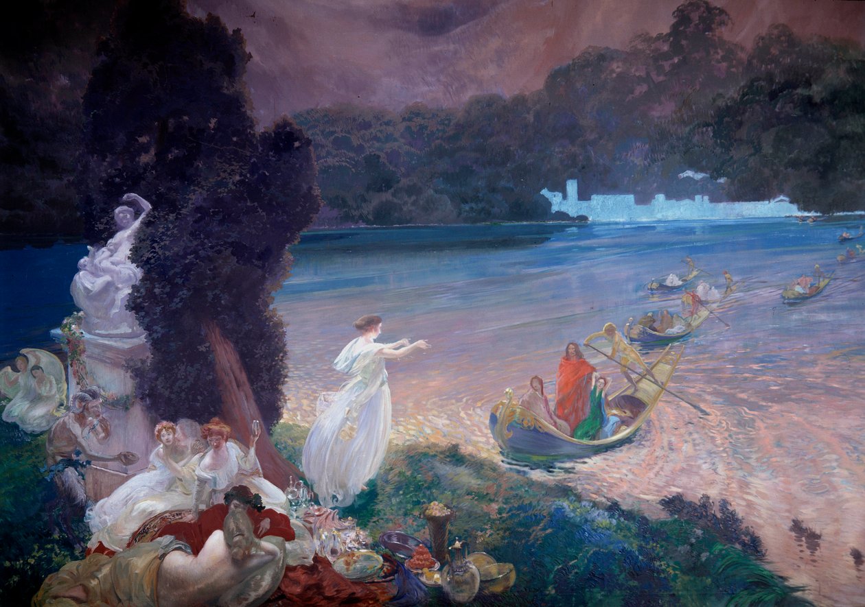 Glückliche Insel: Fabelszene mit Booten, die Gäste zu einem Bankett auf dem Rasen bringen (Detail) von Paul Albert Besnard