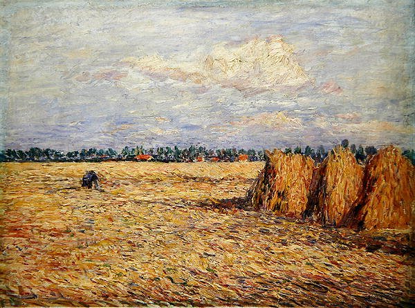 Flache Landschaft mit abgeerntetem Getreidefeld von Paul Baum