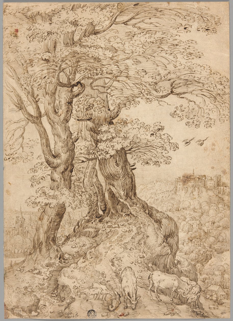 Bewaldete Landschaft mit Eseln und Ziegen und Schloss in der Ferne von Paul Bril