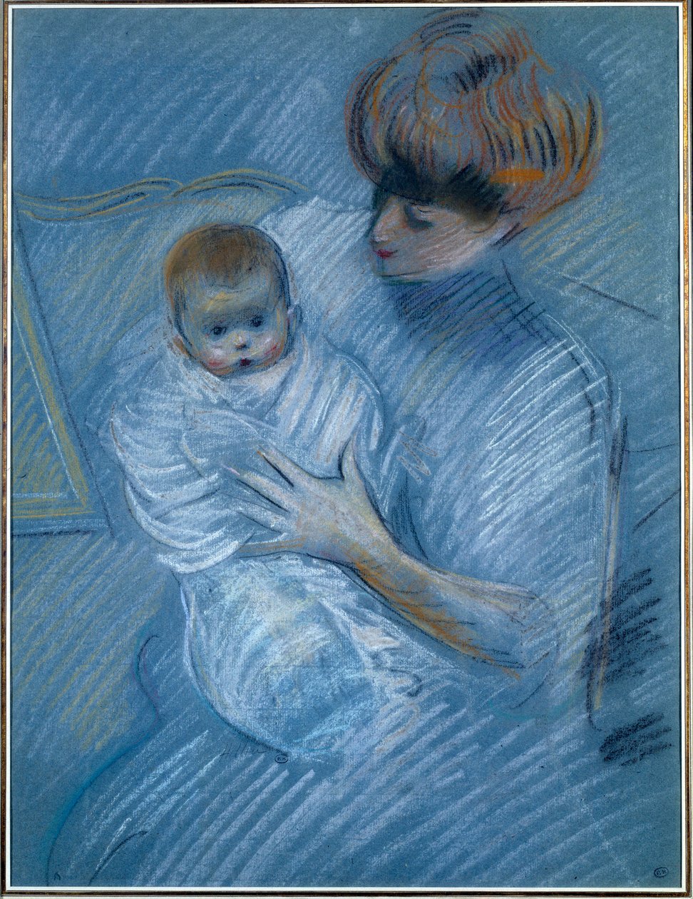 Mutterschaft. Zeichnung von Paul Helleu (1859-1927), 20. Jahrhundert. Porträt einer Mutter mit ihrem Kind von Paul Cesar Helleu