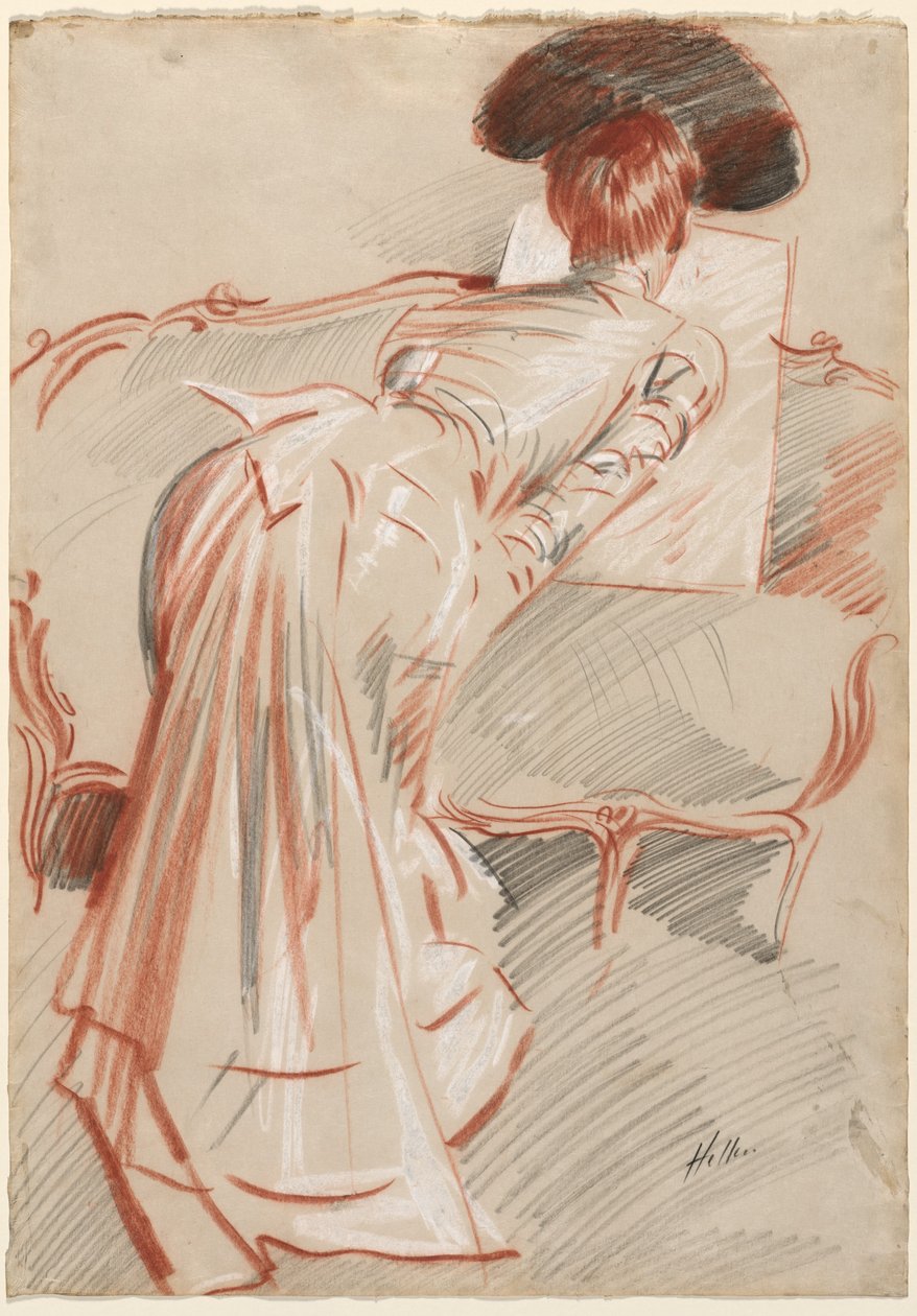 Frau (möglicherweise Madame Alice Hellu) betrachtet eine Zeichnung, ca. 1895 von Paul Cesar Helleu