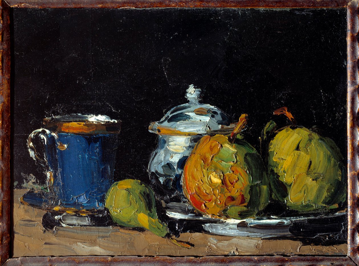Zuckerdose, blaue Tasse und Birnen von Paul Cézanne
