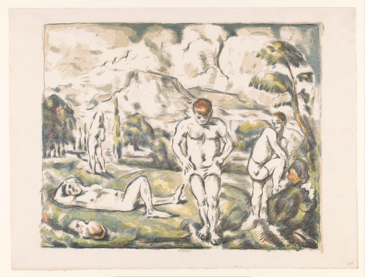 Badende Männer in einer Hügellandschaft von Paul Cézanne