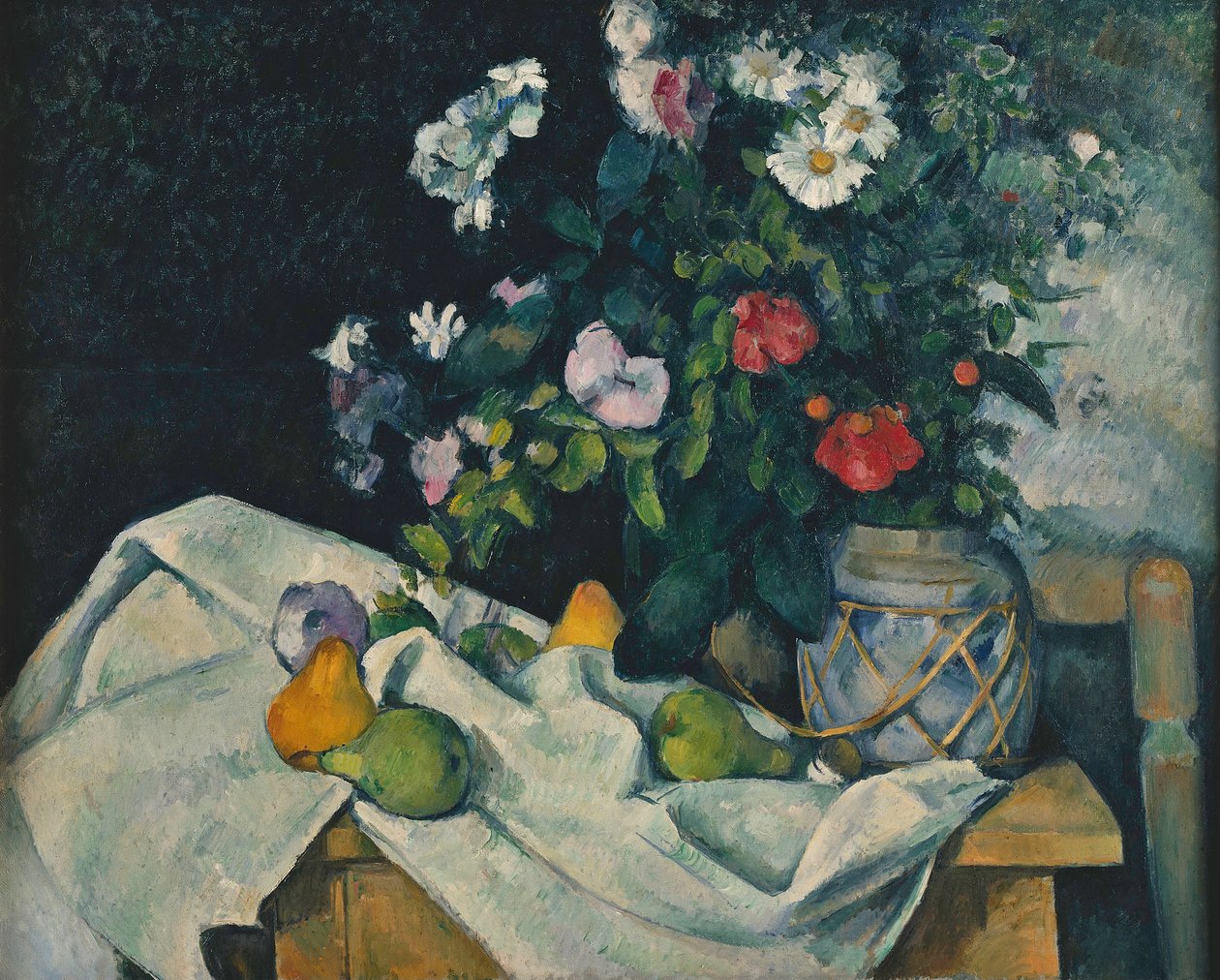 Blumen in einem Ingwertopf und Früchte von Paul Cézanne
