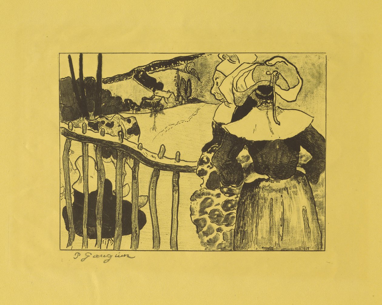 Bretonische Frauen an einem Zaun stehend von Paul Gauguin