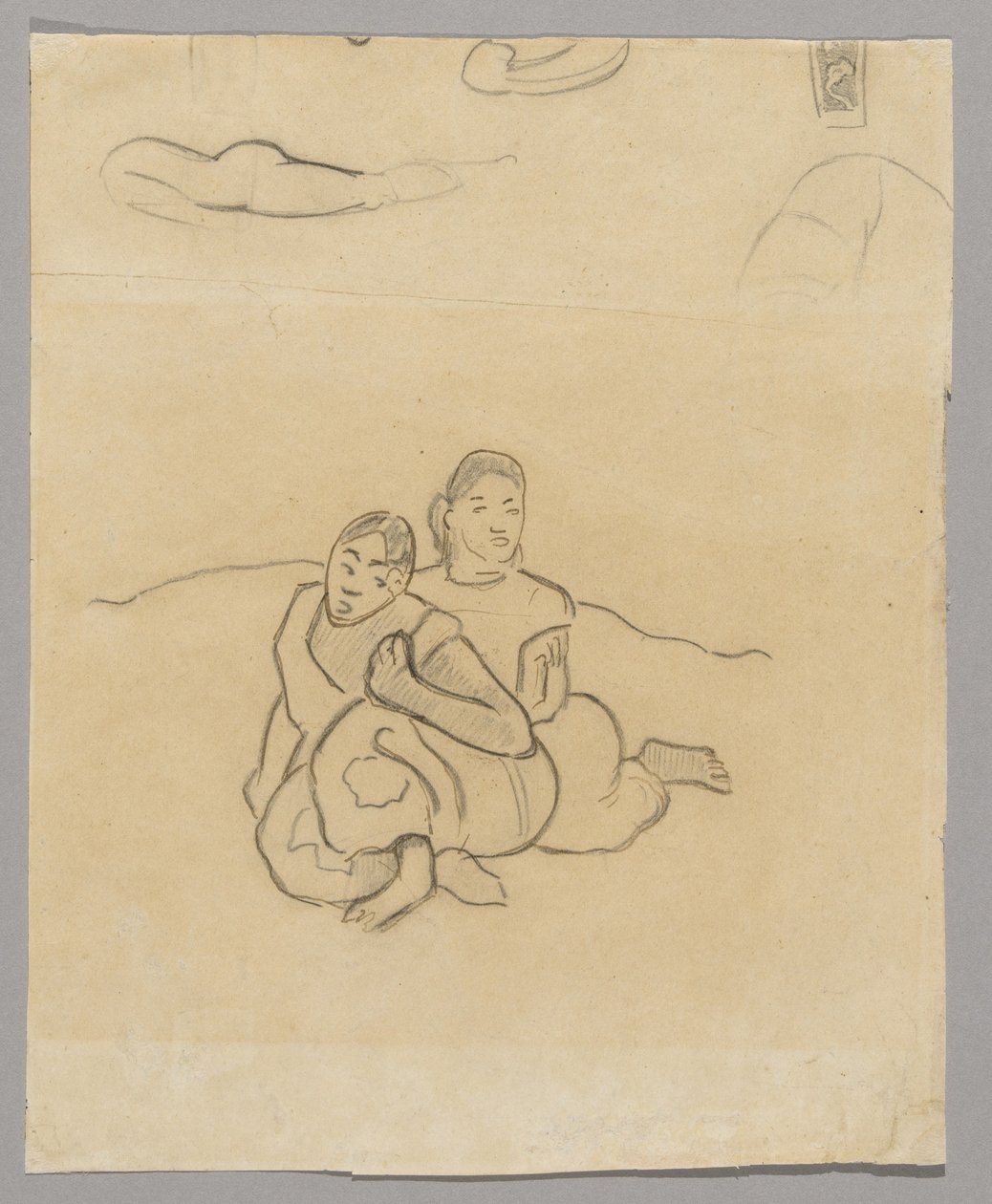 Fragmente von Körpern, ein dekoratives Design und zwei kauernde tahitianische Frauen in einer Landschaft, verwandt mit Nafea Faaipoipo von Paul Gauguin