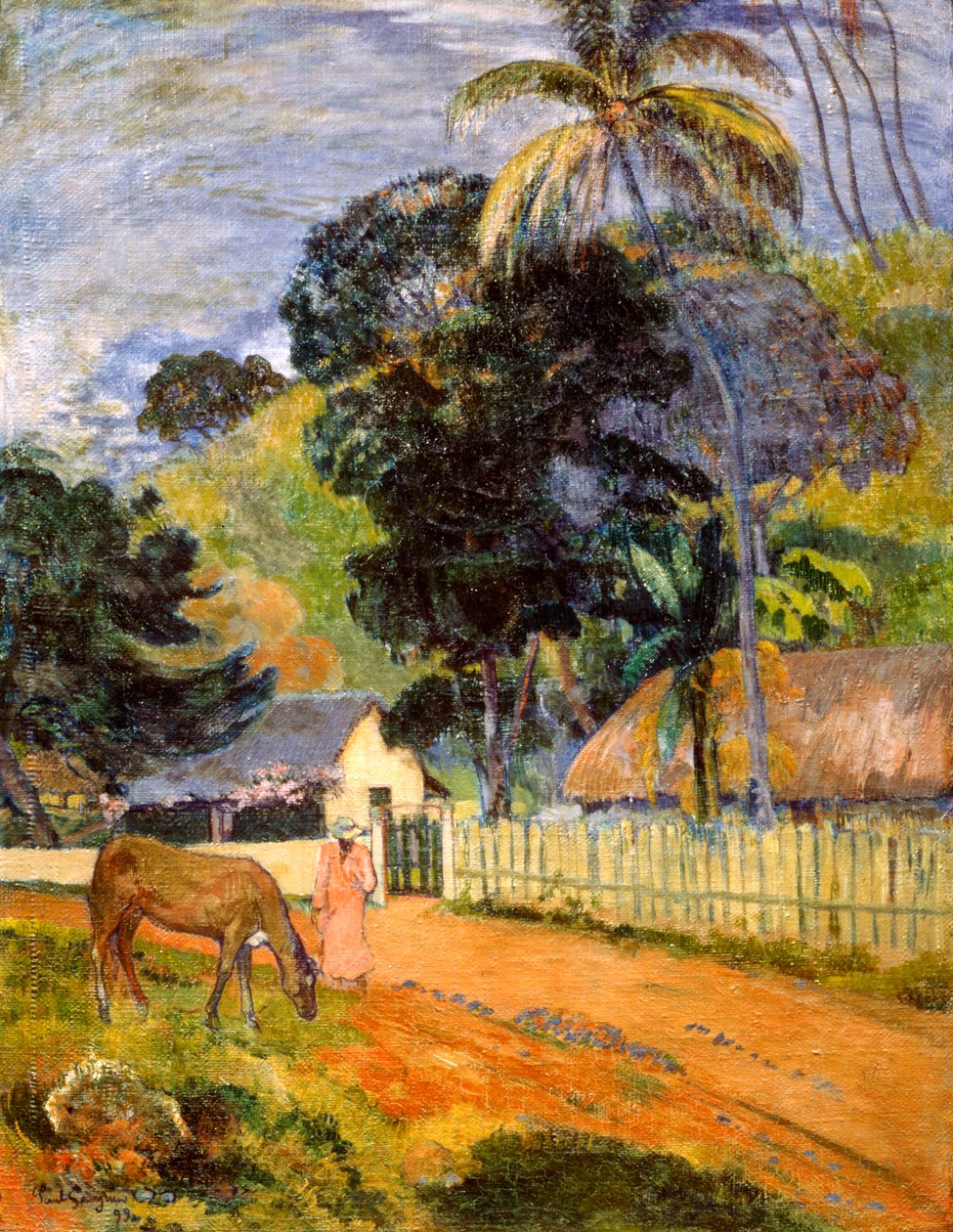 Pferd auf der Straße, tahitianische Landschaft, 1899 von Paul Gauguin