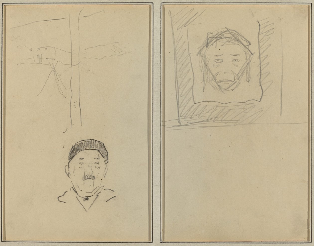 Landschaft und Kopf eines Mannes; Kopf eines Affen in einem Quadrat [recto] von Paul Gauguin