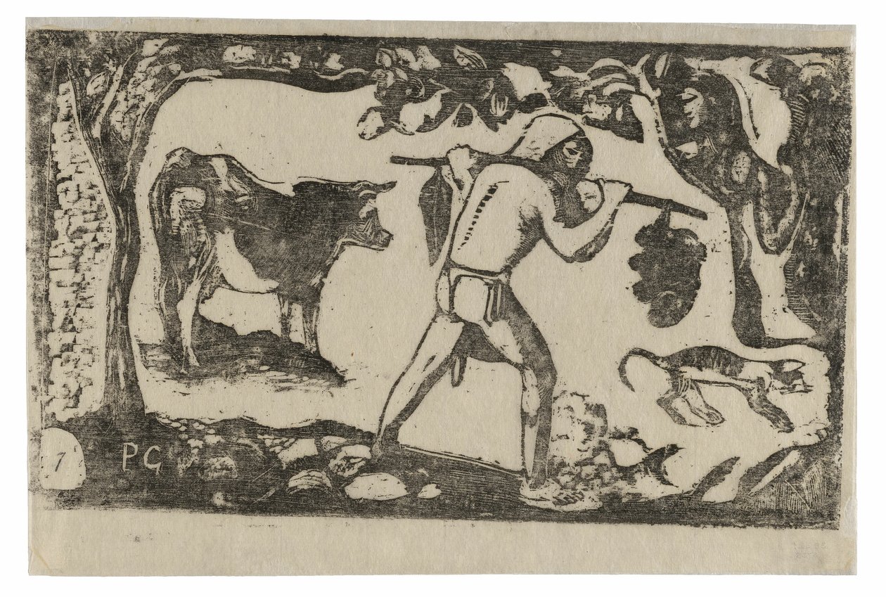 Tahitianer trägt Bananen, aus der Suite der späten Holzschnittdrucke von Paul Gauguin