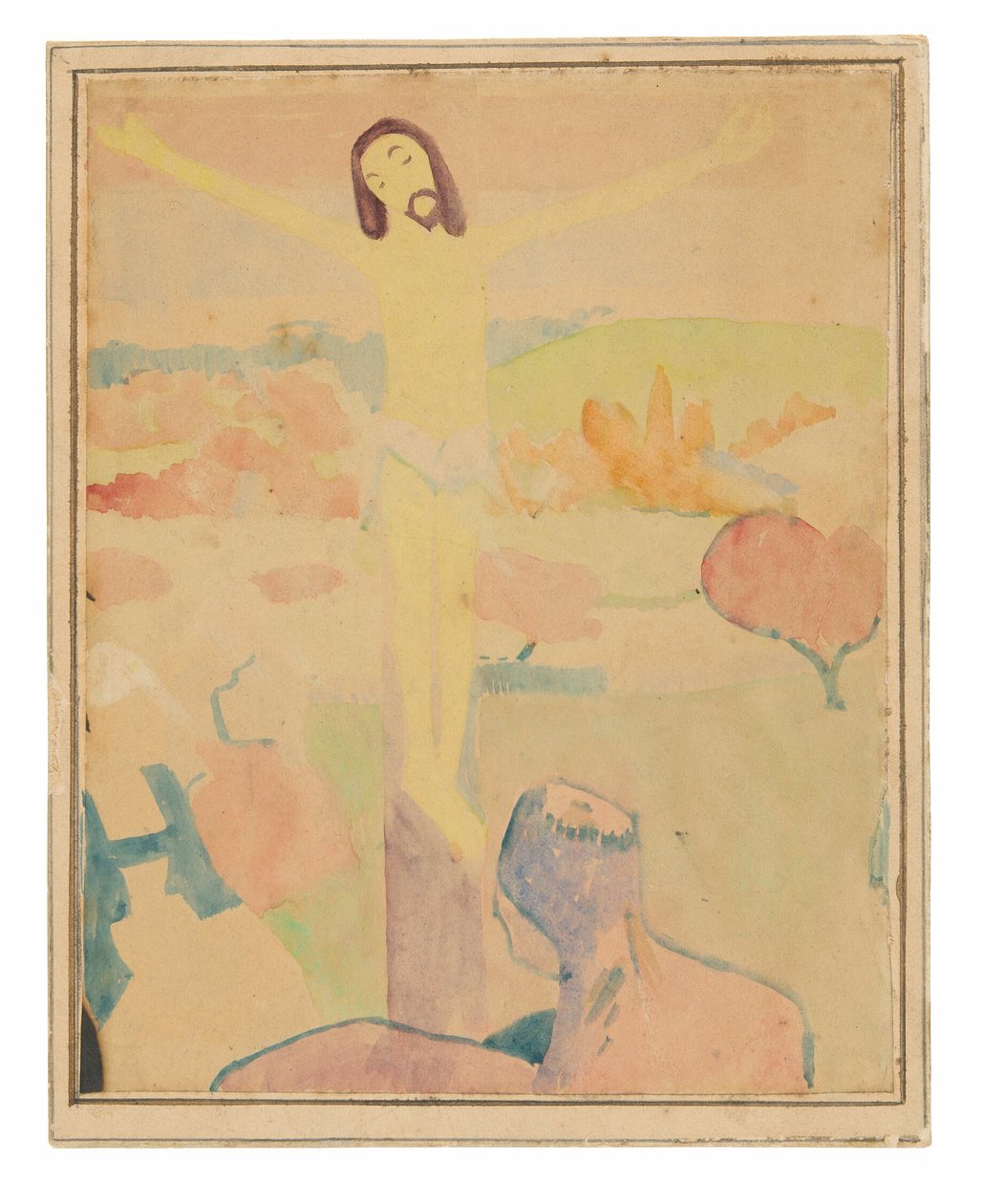 Der gelbe Christus (recto), Weibliche Badende watet durch einen Bach von Paul Gauguin