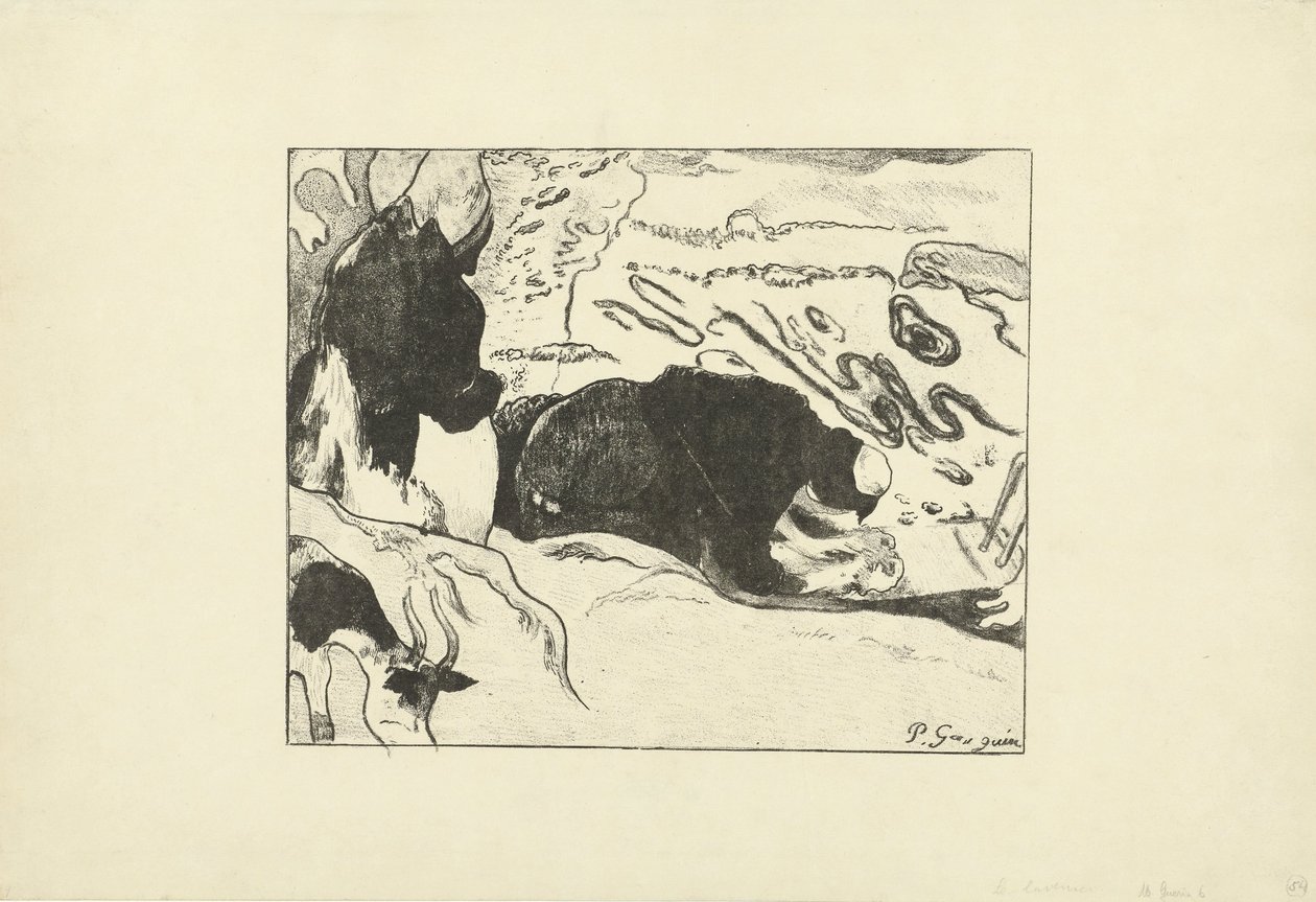 Zwei Wäscherinnen waschen Kleidung am Wasser von Paul Gauguin