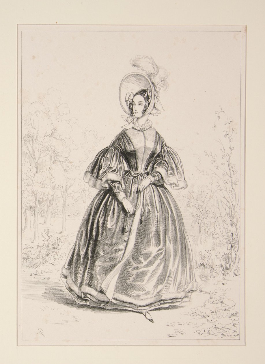 Pelisse aus Ripsgewebe, mit Satin gefüttert und mit Krepp eingefasst. Plüschhut. von Paul Gavarni