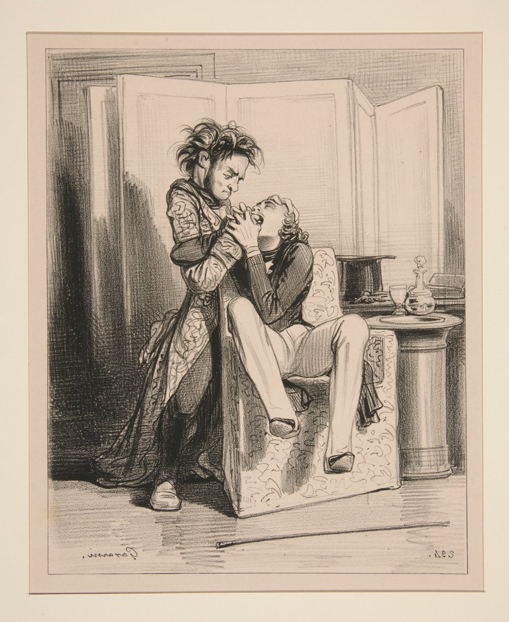 Um seine Anwesenheit bei der Frau eines Zahnarztes zu rechtfertigen, lässt sich der arme Adolphe vom Ehemann einen Zahn ziehen. von Paul Gavarni