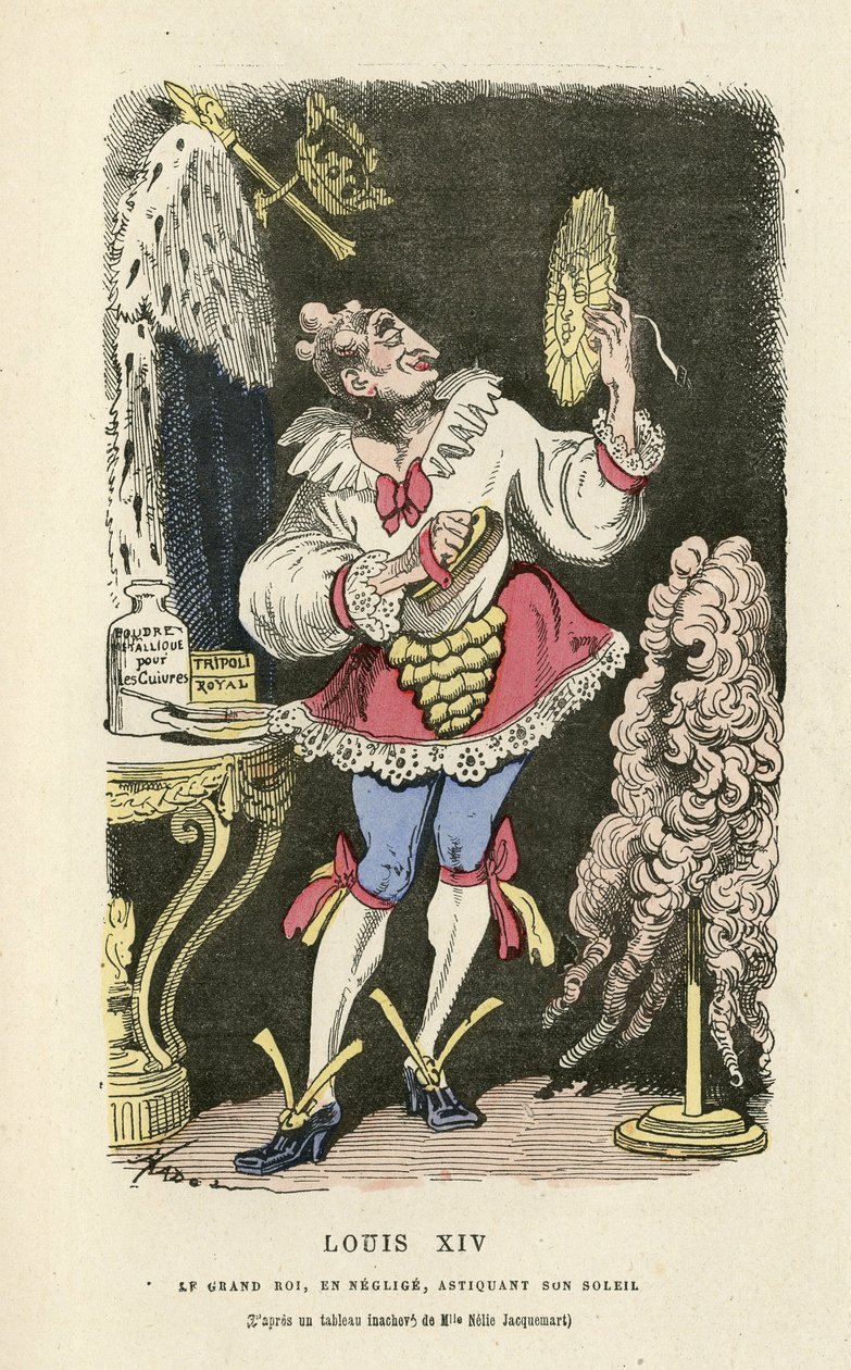 Illustration von Hadol (1835-1875) in Histoire de France tintamarresque, ca. 1880 - Makeup, Ancien regime, Sonne, Perücke - Ludwig XIV. von Paul Hadol