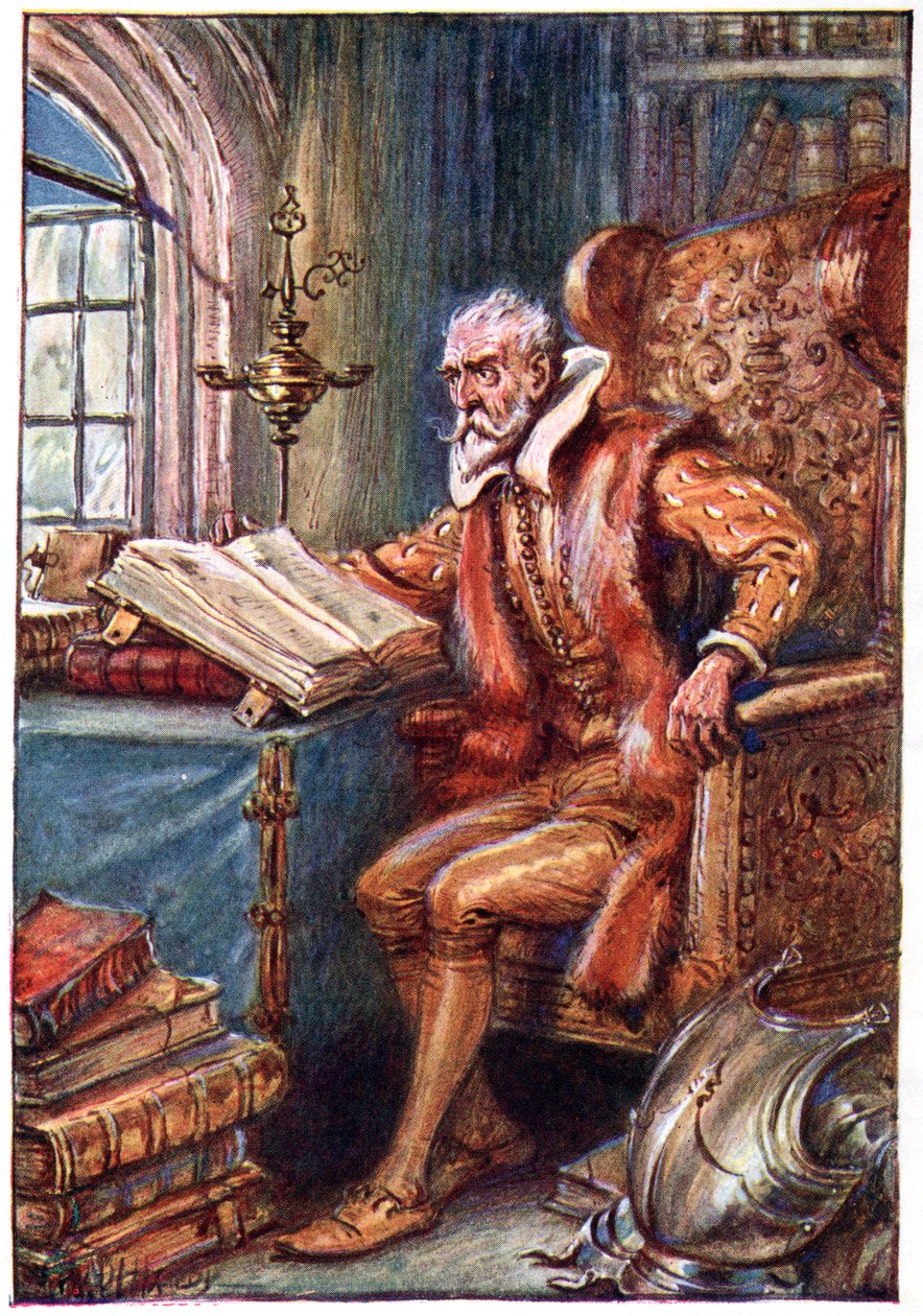 Er verbrachte seine Zeit mit dem Lesen von Ritterromanen, Illustration aus 