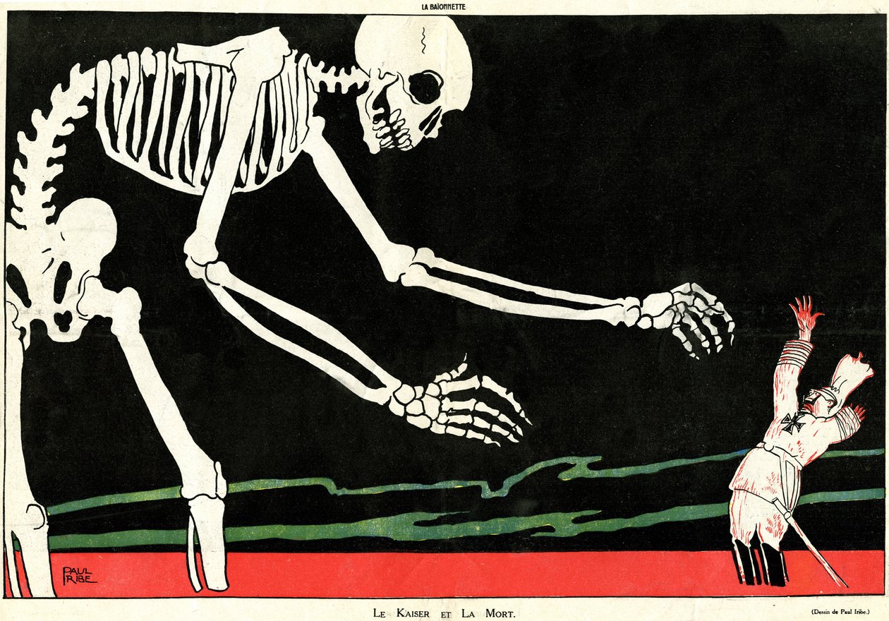 Der Kaiser und der Tod. Erster Weltkrieg 1914-1918: Wilhelm II. (1859-1941) in einem Meer aus Blut, bedroht von einem Skelett. Karikatur, die die mechanische und spöttische deutsche Dummheit hervorhebt und so die Moral der Franzosen während des Krieges unt von Paul Iribe