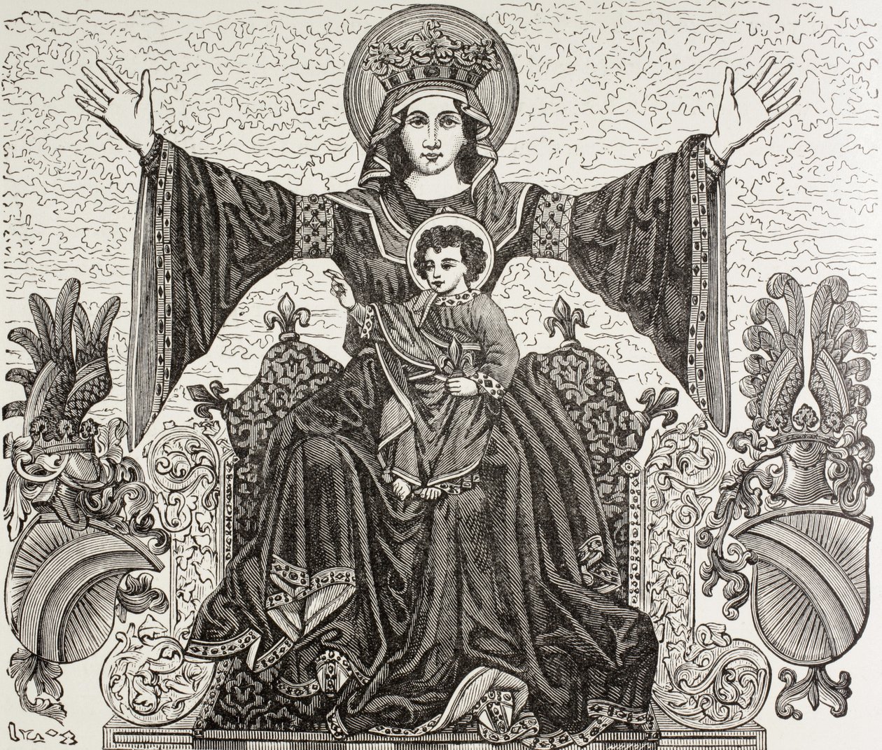 Altes Banner der Stadt Straßburg, Frankreich. Es zeigt das Bild unserer Lieben Frau, der die Stadt im 13. Jahrhundert geweiht wurde. Das Banner wurde 1870 während eines Bombardements zerstört von Paul Lacroix