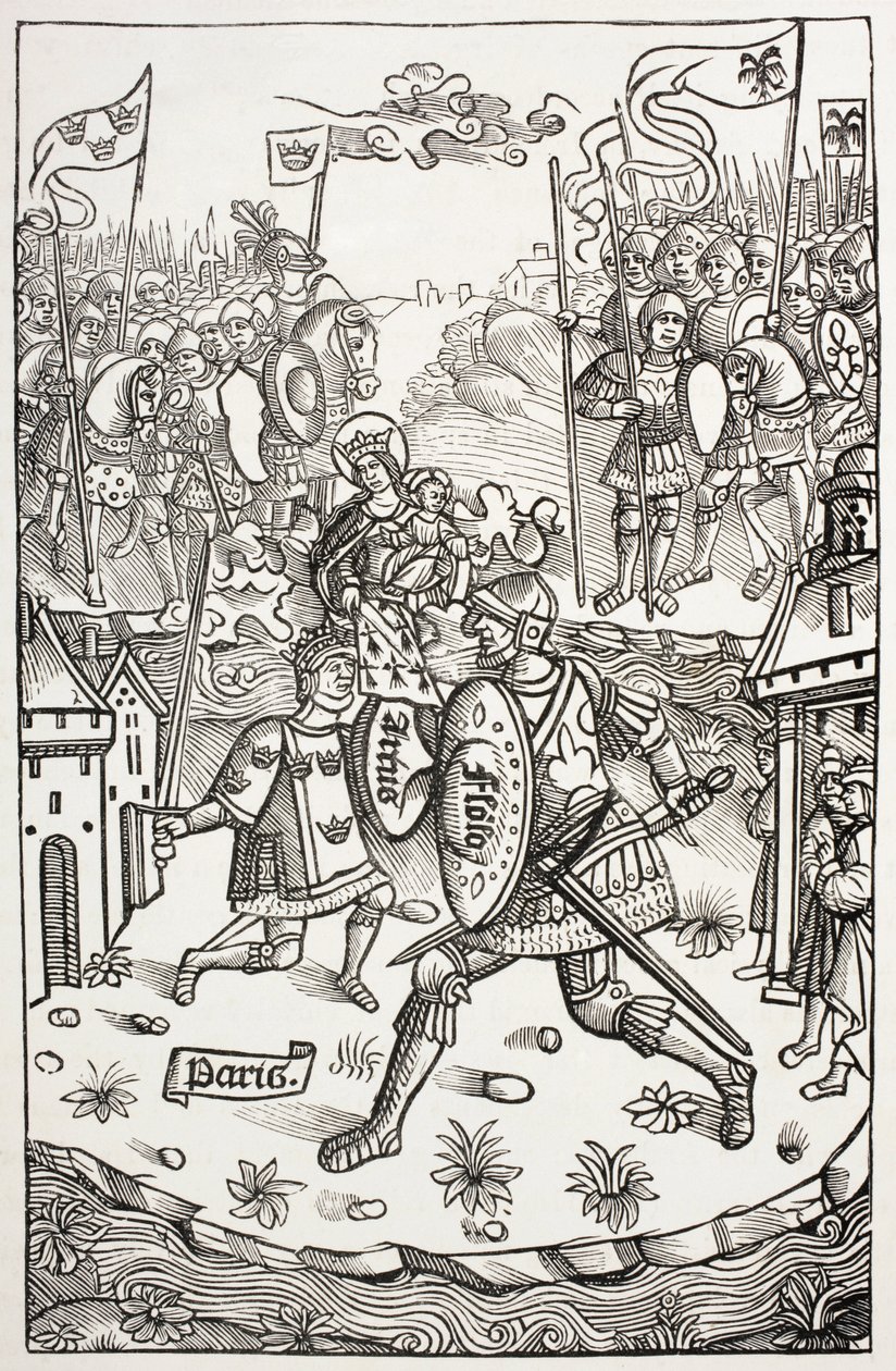 König Artus, oder Arthur, von der Jungfrau beschützt, kämpft gegen einen Riesen. Nach einem Holzschnitt in Chroniques de Bretagne, von Alain Bouchard, veröffentlicht 1514 von Paul Lacroix