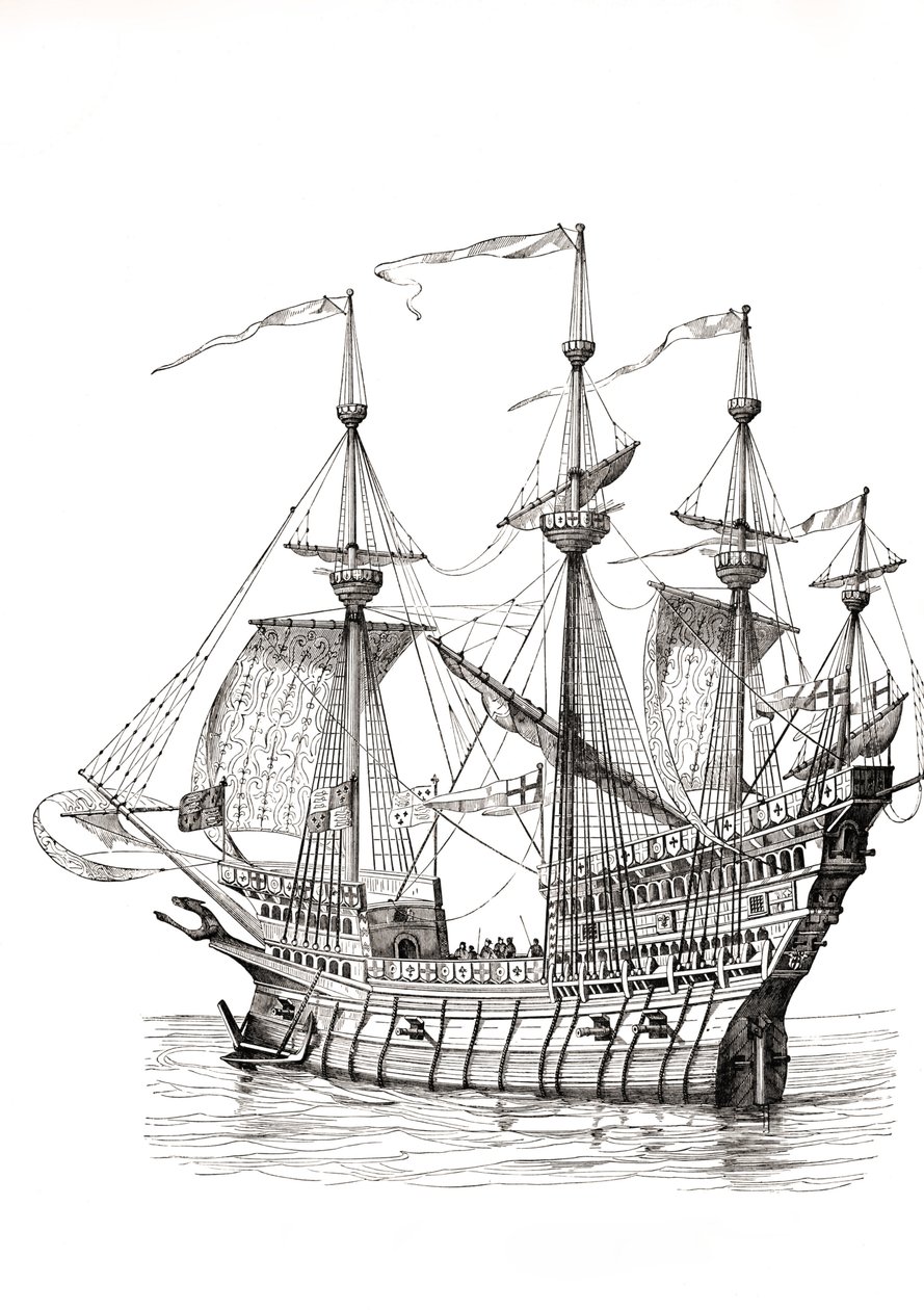 Kriegsschiff, das König Heinrich VIII. 1520 von England nach Frankreich brachte, für sein Treffen mit König Franz I. auf dem Feld des Goldenen Tuchs. Nach einer Zeichnung von Holbein von Paul Lacroix