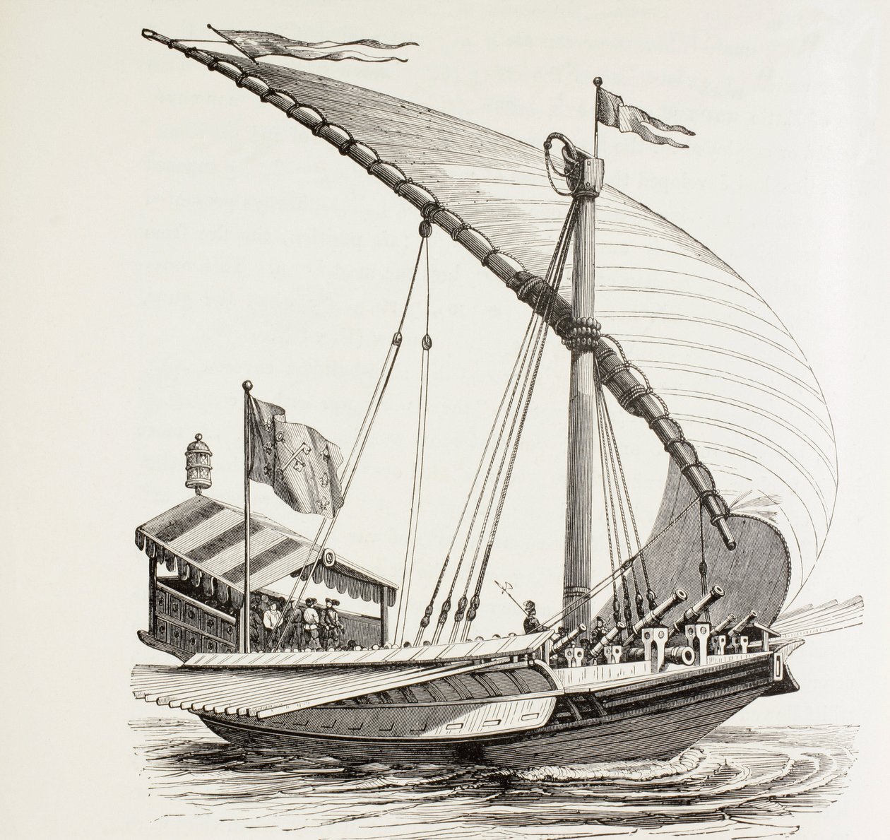 Pontifikalgaleere mit Segeln, Rudern und schwerer Artillerie. Sie führt die päpstliche Flagge. Nach einer Zeichnung von Breugel dem Älteren von Paul Lacroix