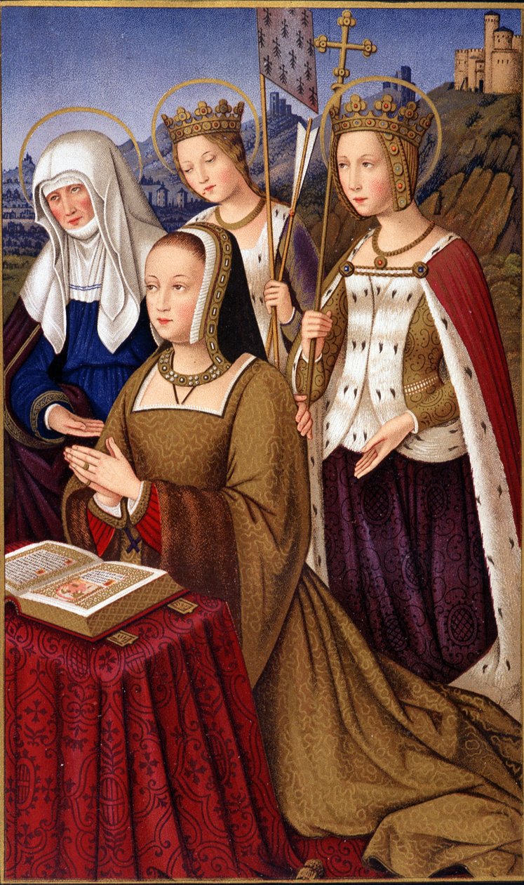 Porträt von Anne de Bretagne (1477-1514), Königin von Frankreich, im Gebet mit ihrem heiligen Schutzpatron Saint Anne, Saint Helene und Saint Ursule - in „Militär- und religiöses Leben im Mittelalter und in der Renaissance“ von Paul Lacroix, Paris von Paul Lacroix