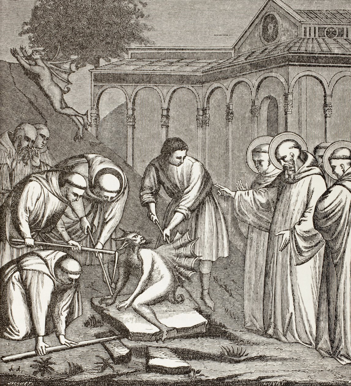 St. Benedikt und der Teufel. Als Benedikt eine Kapelle baute, saß der Teufel auf einem Stein und niemand konnte ihn bewegen, bis St. Benedikt den Stein segnete. Dann ergriff der Teufel die Flucht von Paul Lacroix