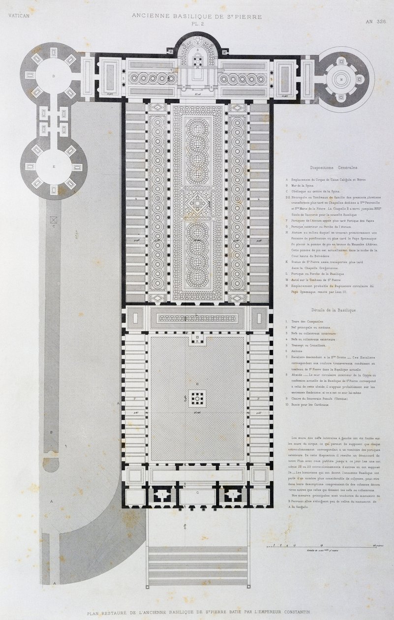 Restaurierter Grundriss der alten Basilika, erbaut von Kaiser Konstantin, Gravur aus Der Vatikan und die Basilika St. Peter von Paul Marie Letarouilly