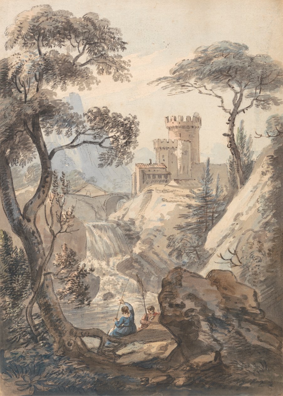 Italienische Landschaft mit Schloss, Wasserfall und Anglern von Paul Sandby