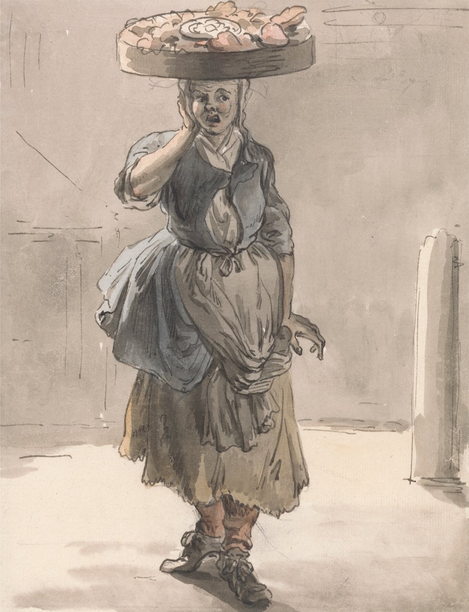 Londoner Rufe: Ein Mädchen mit einem Korb auf dem Kopf ("Lichter für die Katzen, Leber für die Hunde") von Paul Sandby