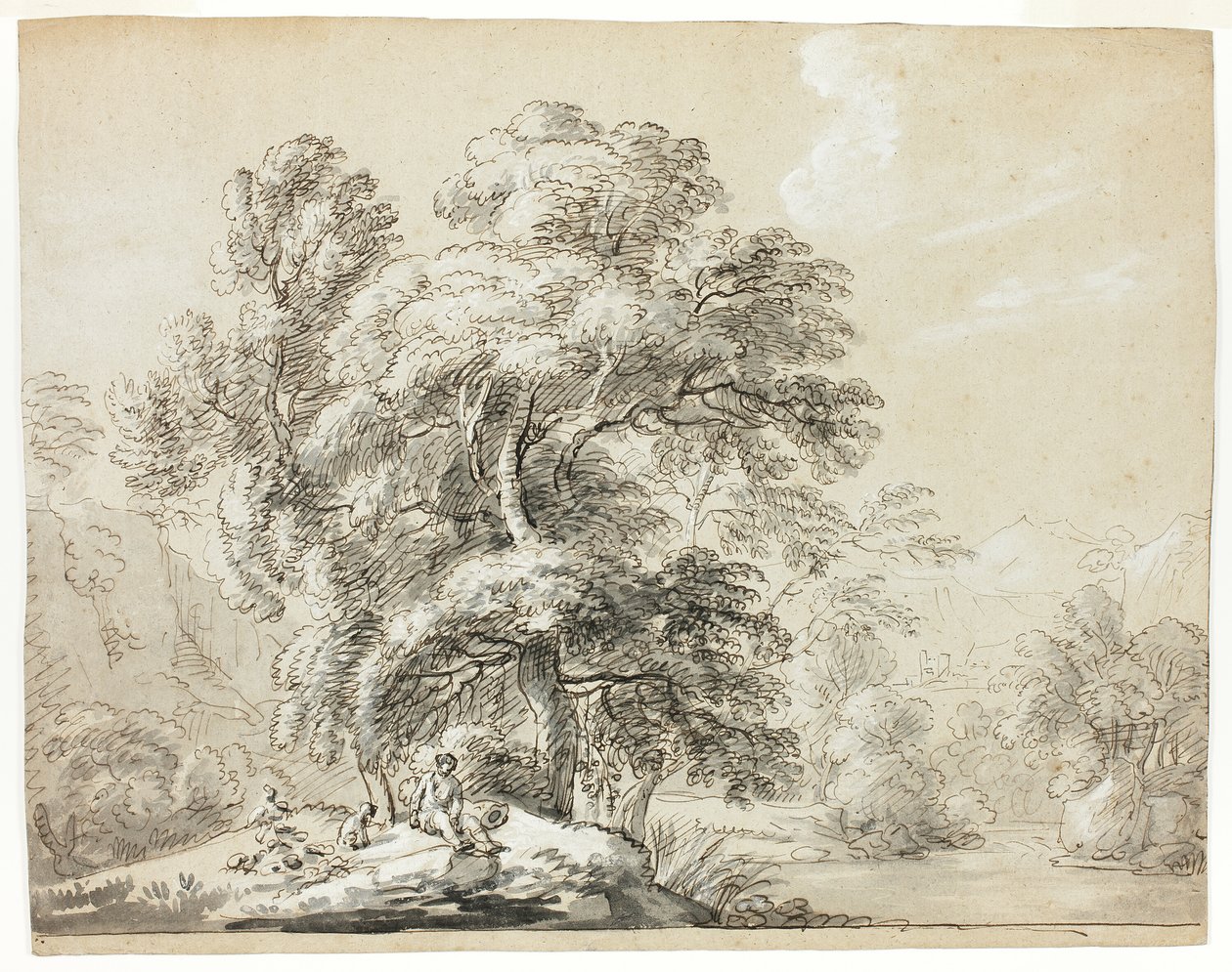 Mann und Hund unter Bäumen am Fluss sitzend von Paul Sandby