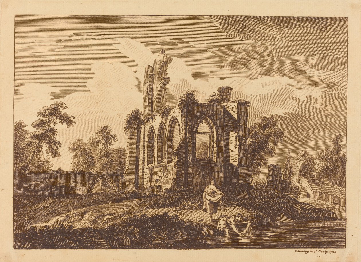 Ruinen mit zwei Frauen, die Kleidung in einem Fluss waschen von Paul Sandby