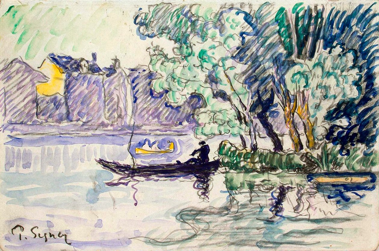 Fischer in einem Boot in der Nähe eines Ufers der Seine, um 1900 von Paul Signac