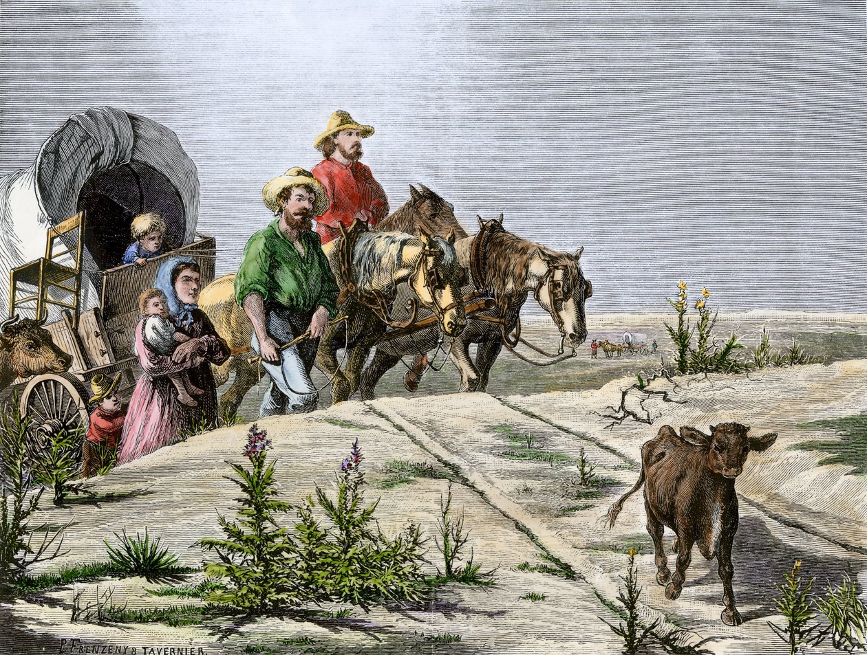 Geschichte der West-Eroberer: Amerikanische Pioniere. "Arkansas-Pilger" eine Familie überquert die Great Plains in einer Kutsche. Farbige Gravur des 19. Jahrhunderts. von Paul and Tavernier Jules (1844-99) Frenzeny