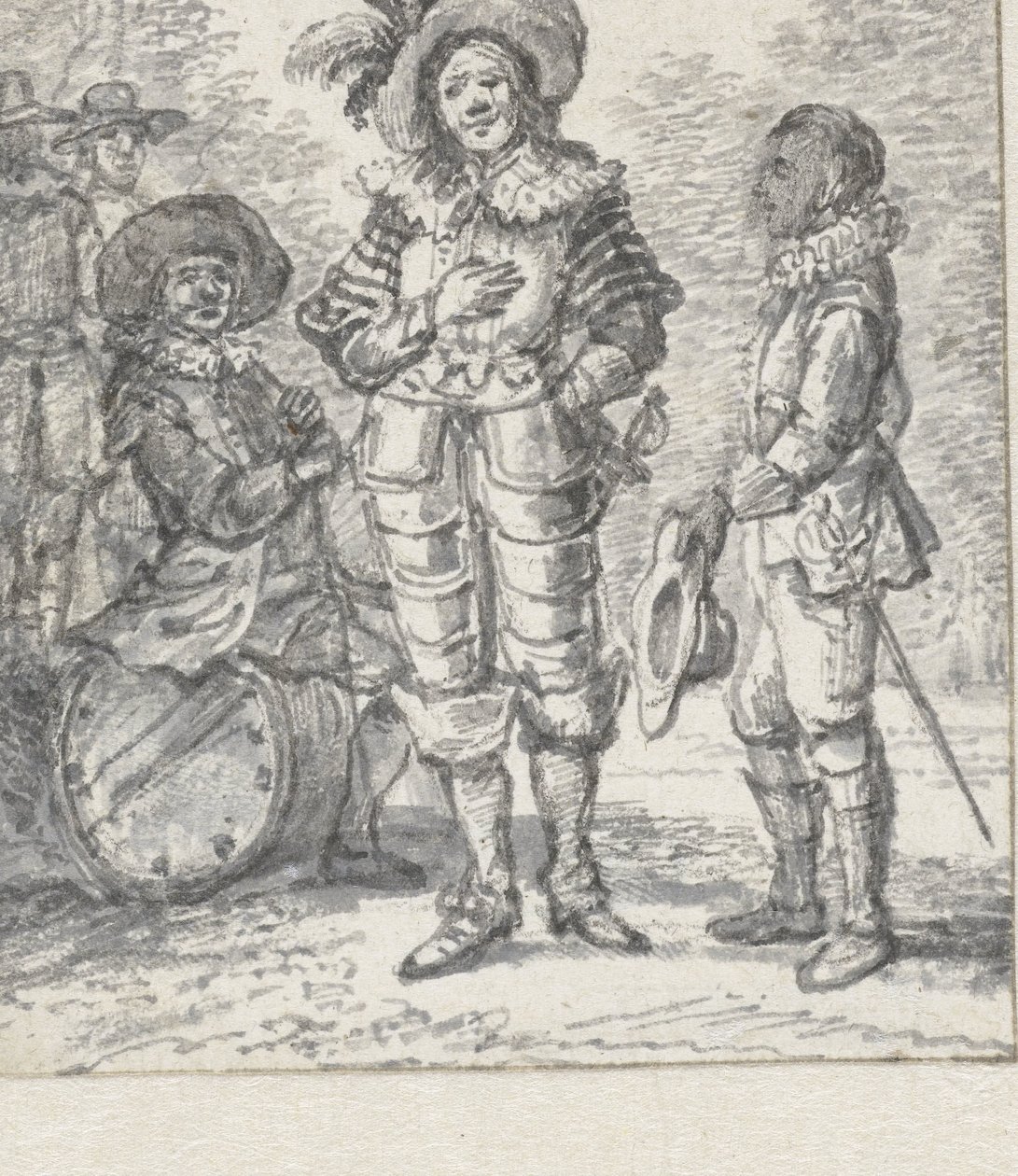 Entwurf für Illustration Theatergruppe: zwei stehende Figuren und eine sitzende Figur von Paulus Constantijn la Fargue