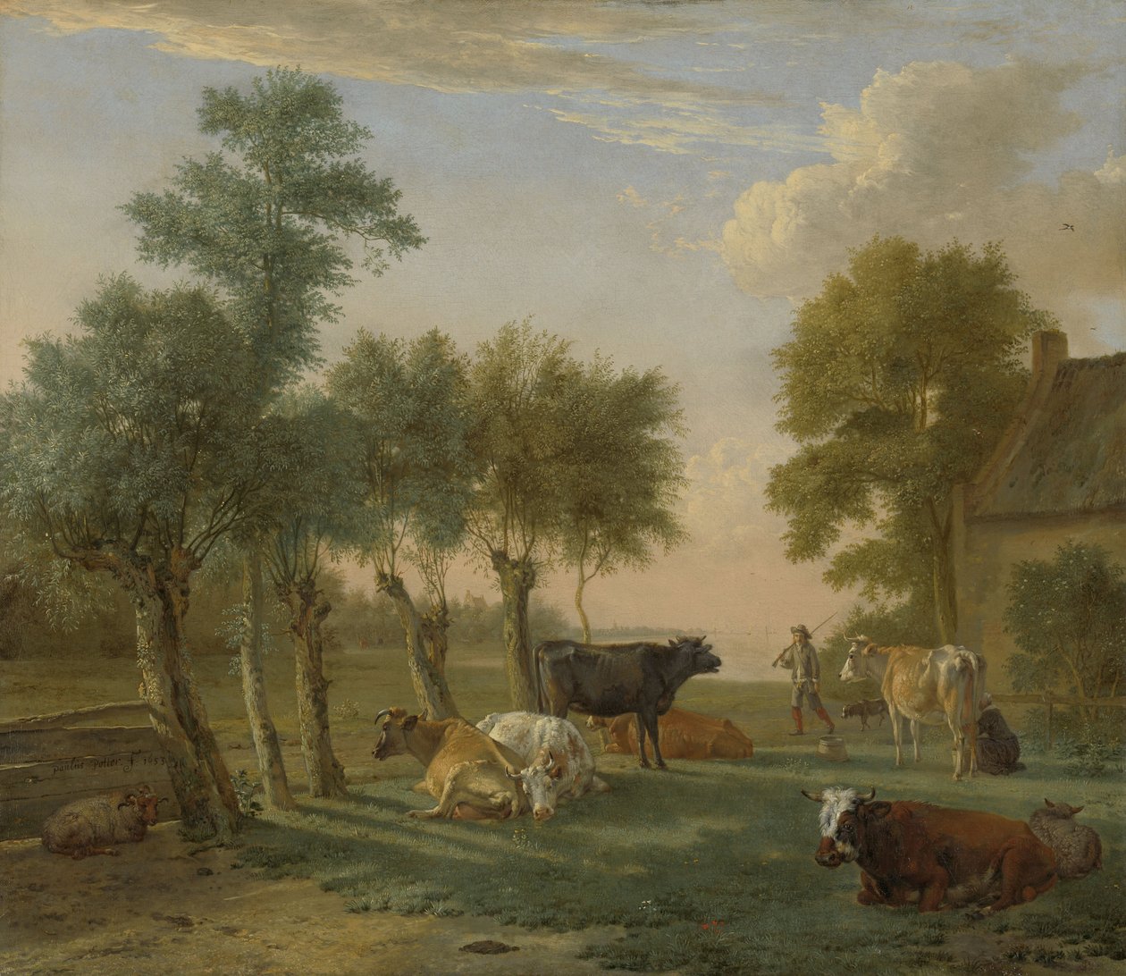 Kühe auf einer Wiese in der Nähe eines Bauernhofs, 1653 von Paulus Potter