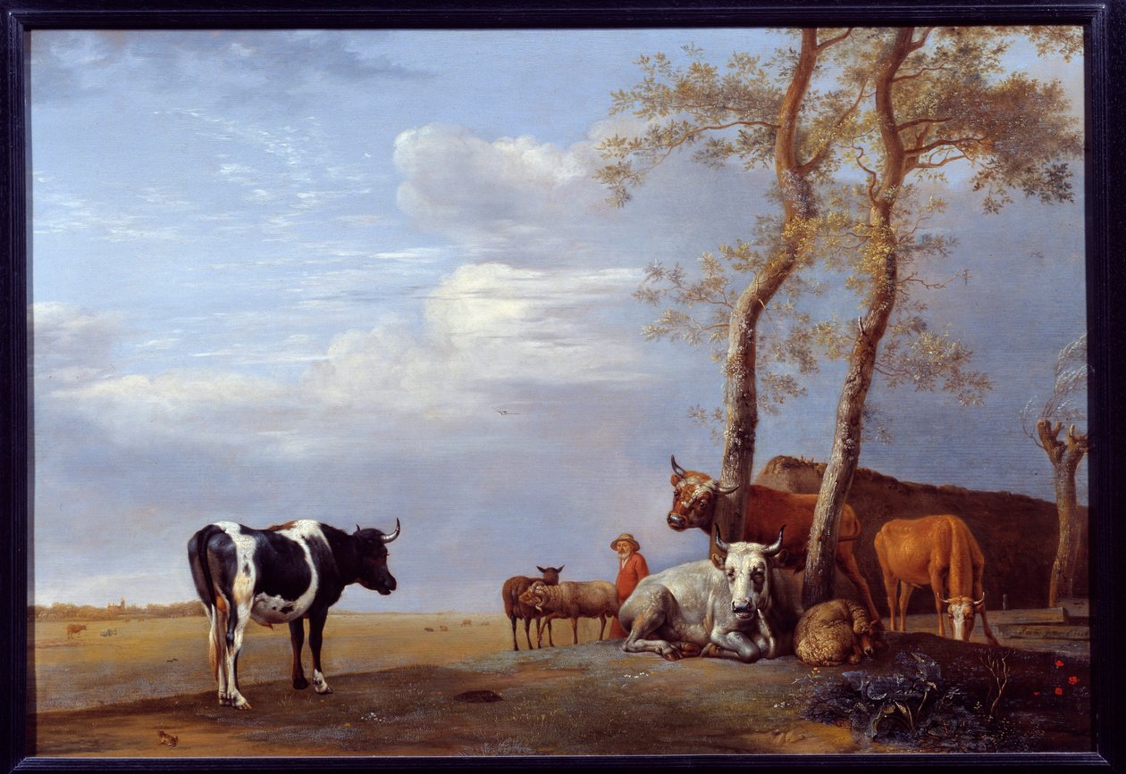 Landschaft mit Bauer und Tieren. Gemälde von Paul Potter (1625-1654) von Paulus Potter