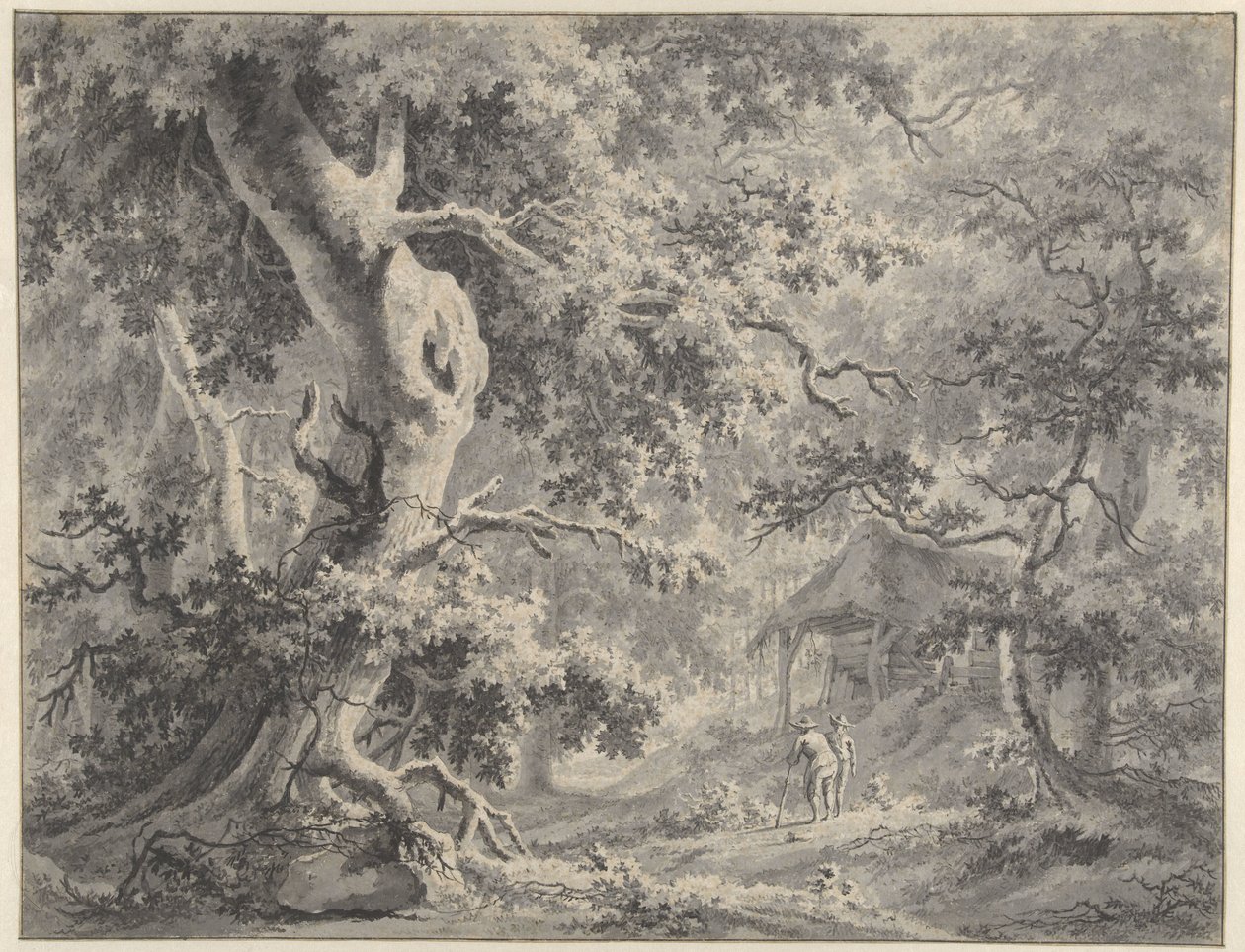 Waldlandschaft mit zwei Figuren bei einer Hütte von Paulus van Liender
