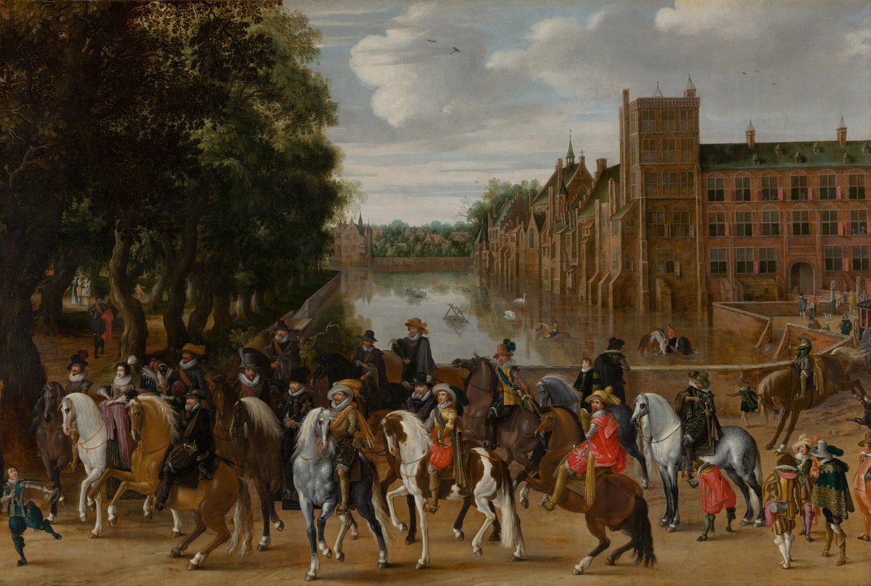 Die Prinzen von Oranien und ihre Familien zu Pferd, Ausritt vom Buitenhof, Den Haag, ca. 1621-22 von Pauwels I van Hillegaert