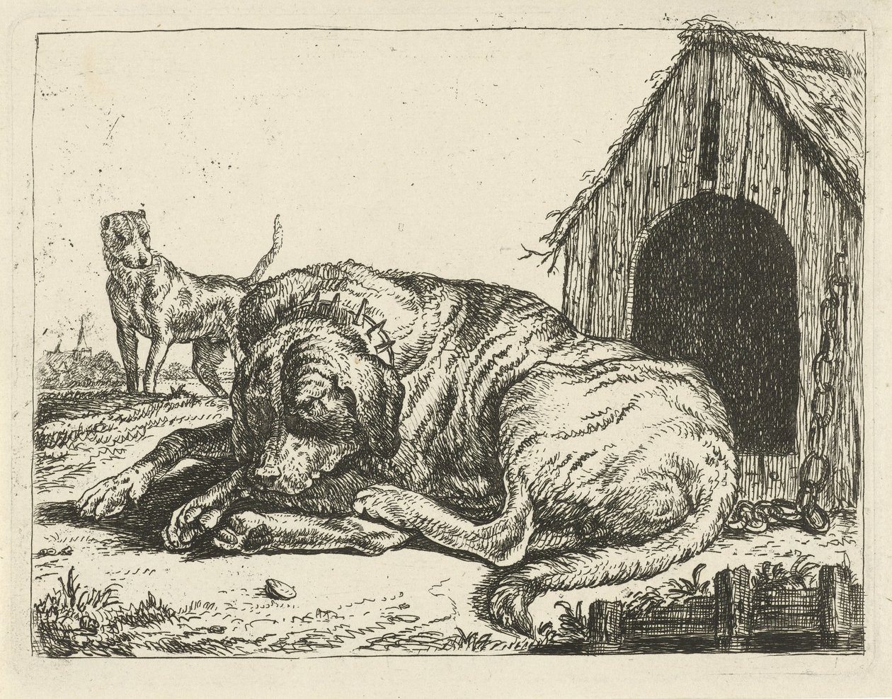 Liegender Hund an einer Kette Verschiedene Hunde (Serientitel) von Pauwels van Hillegaert