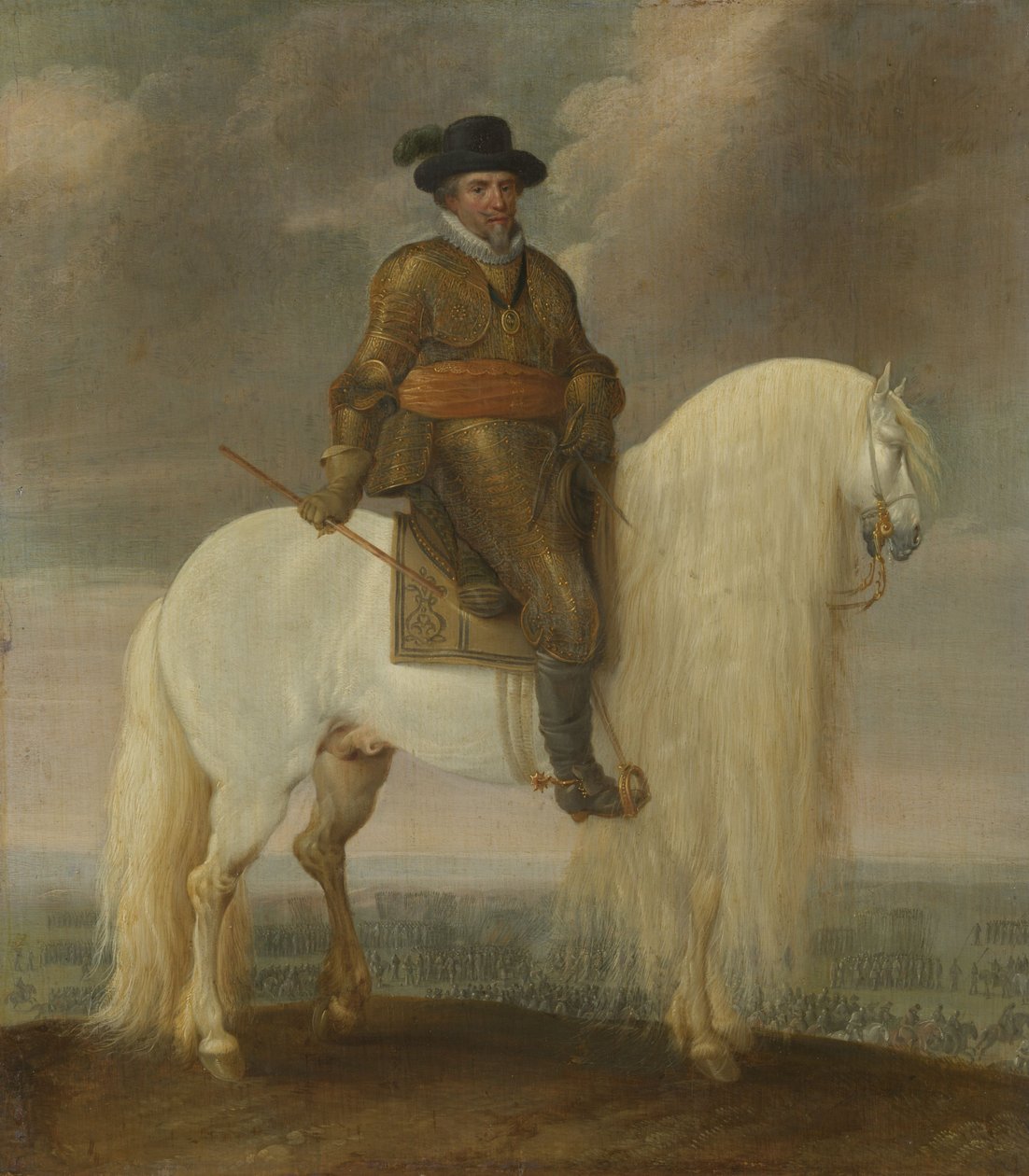 Prinz Maurits auf dem weißen Kriegspferd nach dem Sieg bei der Schlacht bei Nieuwpoort von Pauwels van Hillegaert