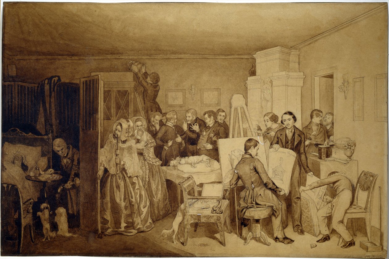 Die Folgen des Todes von Fidelka - Werk von Pawel Andrejewitsch Fedotow, Tusche und Sepia auf Papier von Pavel Andreevich Fedotov