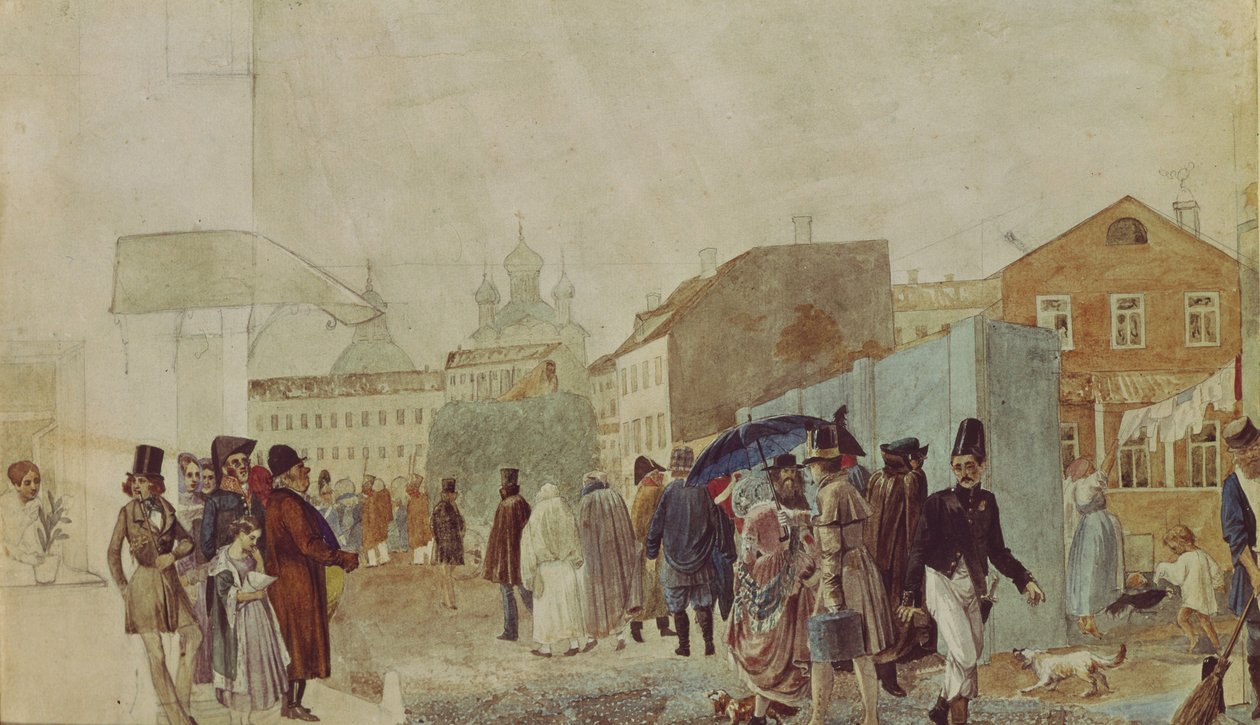Straßenszene in Moskau während des Regens, 1837 von Pavel Andreevich Fedotov