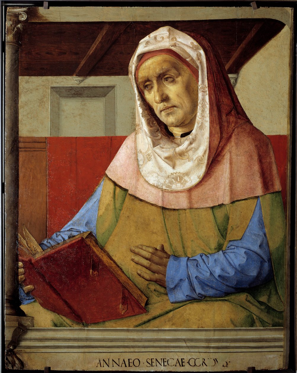 Porträt von Seneca (Lucius Annaeus Seneca, 4 v. Chr.-65 n. Chr.), Philosoph der stoischen Schule, Dramatiker und römischer Staatsmann. Gemälde von Pedro Berruguete (um 1450-vor 1500) und Justus von Gent (1435-1480) von Pedro Berruguete