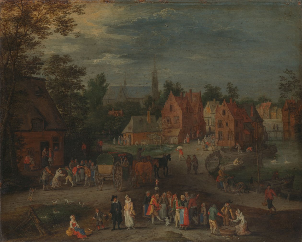 Dorf mit einem Puppenspieler, der eine kleine Menge unterhält von Peeter (1621-91) Gijsels
