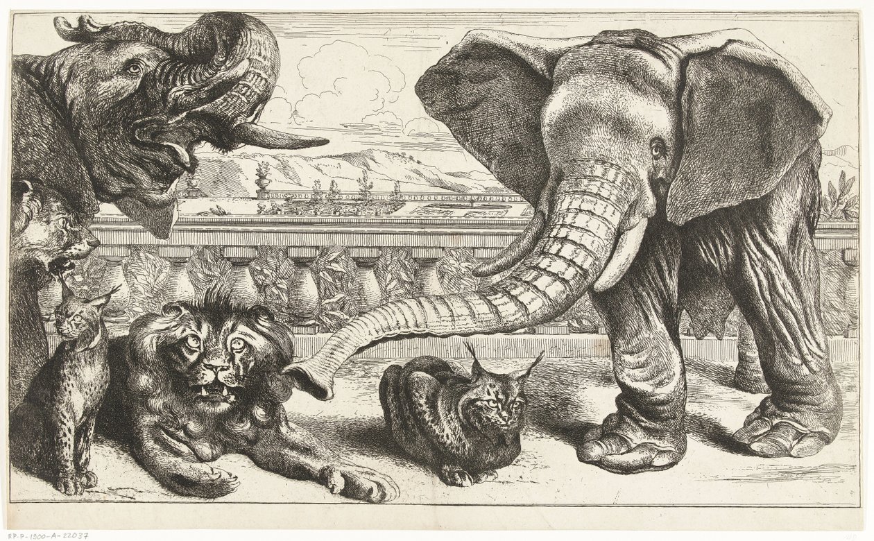 Elefanten, Löwen und Luchse in den Gärten von Versailles von Peeter Boel (attributed to)